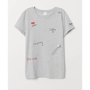 French Graphic Tee Size M J'adore Bisous Hearts & Stars — Parisian Cute Gray Top